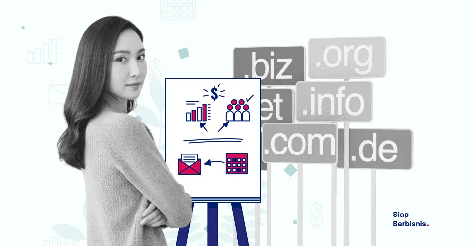 Wanita profesional menjelaskan strategi bisnis, domain, dan email marketing untuk pertumbuhan perusahaan dari Siap Berbisnis.
