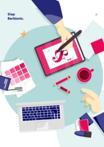 Ilustrasi proses desain logo dan branding bisnis di meja kerja, mendukung pembelajaran bisnis di platform Siap Berbisnis.