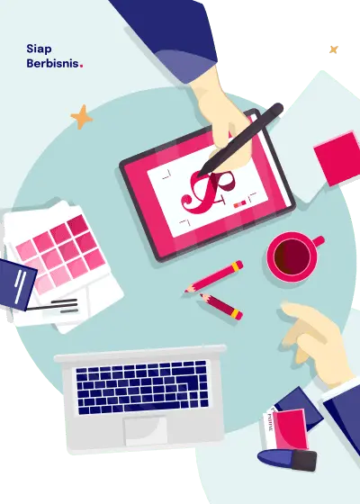 Ilustrasi proses desain logo dan branding bisnis di meja kerja, mendukung pembelajaran bisnis di platform Siap Berbisnis.