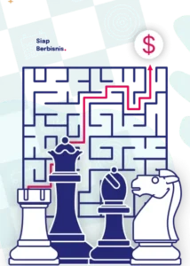 Ilustrasi bidak catur dan labirin menunjukkan strategi atau roadmap bisnis yang sukses untuk mencapai target profit ($) dari Siap Berbisnis.