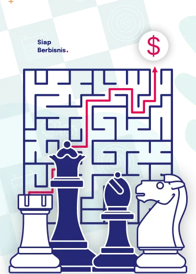 Ilustrasi bidak catur dan labirin menunjukkan strategi atau roadmap bisnis yang sukses untuk mencapai target profit ($) dari Siap Berbisnis.