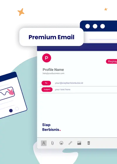Ilustrasi tampilan Premium Email dengan alamat email bisnis profesional dari Siap Berbisnis, menunjukkan pentingnya komunikasi email marketing atau branding.