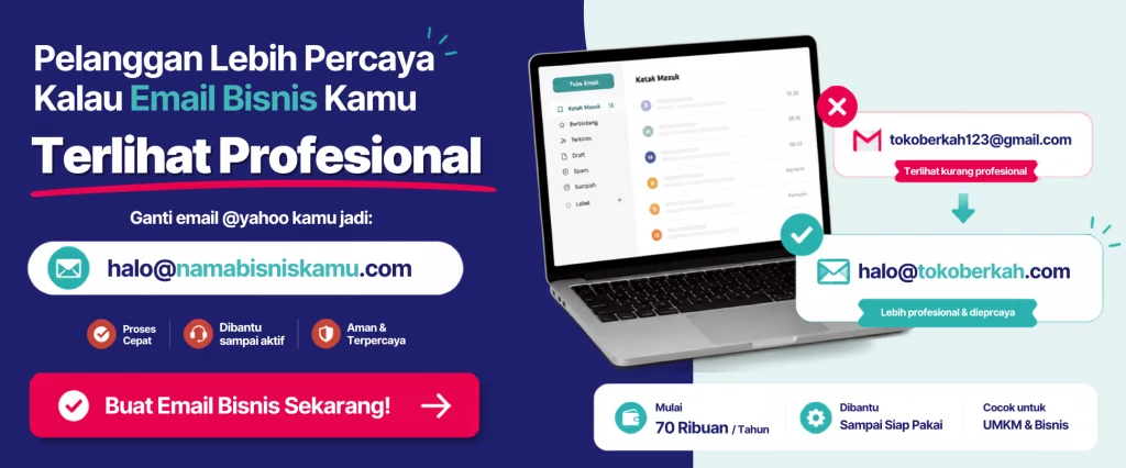 Email bisnis adalah alamat email yang menggunakan nama domain milik perusahaan atau merek sendiri, bukan domain umum seperti Gmail atau Yahoo.